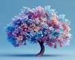 © Sadia Batool - majestic 3D tree with book-leaves each one different color and texture set against solid periwinkle background. The tree represents the growth of knowledge.