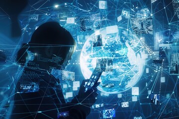 Poster - A woman is looking at a screen with a globe and many other images