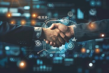 Poster - A handshake between two people is shown in a digital image
