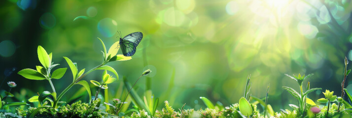 Wall Mural - World Habitat Conservation Day. a butterfly flies over a green meadow. bright green nature