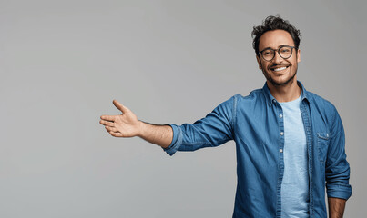 Smiling Young Man in Blue Shirt and Glasses Presenting Product with Open Palm on Grey Background Professional Advertising Banner Concept