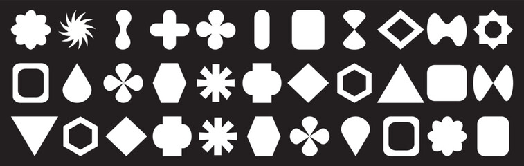 Collection of Y2K elements. Brutalism shapes, minimalist geometric elements, abstract bauhaus forms. Simple star and flower shape, basic form, trendy modern graphic element vector set