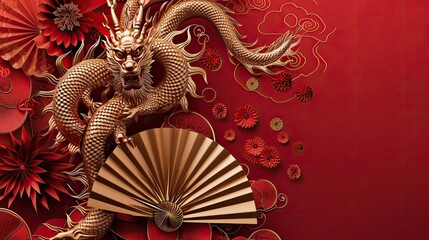 Chinese New Year Banner Abstract Art with Oriental Dragon and folding paper fans on red background. Lunar New Year Celebration Card Design.