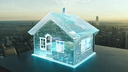 Aufkleber - A digital model of a house, glowing blue, sits on a table against the backdrop of a city skyline.