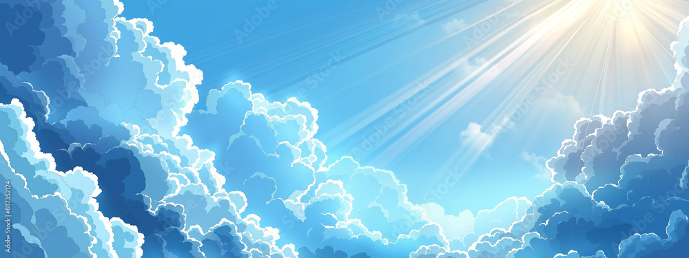 Digital painting 2d illustration of blue sky with white clouds and sun ...