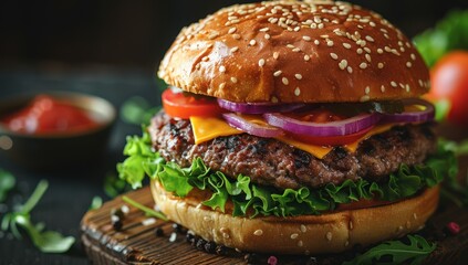 Wall Mural - Juicy Cheeseburger with Sesame Seed Bun