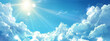 © theevening - Digital painting 2d illustration of blue sky with white clouds and sun sunshine sunbeams sun rays, style manga comics.