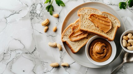 Wall Mural - Peanut butter sandwiches on a light table background Breakfast Vegetarian American cuisine top view with copy space