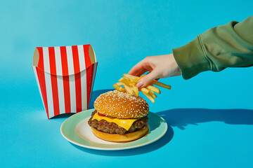 A hand with a green shirt reaching out of the screen to pick up some fries from a red and white striped paper cup, on top is an orange plate holding a burger, all set against a blue background