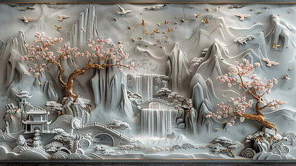 Wall Mural - Chinese Landscape Relief Mural with Gold Leaf Cherry Blossoms, Flying Birds, Mountains, Waterfalls, Chinese Architecture, Bridge, Light Gray Background, High Resolution