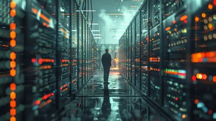 Wall Mural - a business person in a crypto mining asic bitmain factory with huge racks of computers rows to the horizon realistic blur 