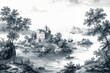 © btiger - Black and White Toile de Jouy Wallpaper Indian Landscape French Style Illustration