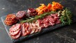 © kodidesign - Gourmet Charcuterie Board with Assorted Meats and Olives, Ideal for Culinary Photography and Food Presentations, Rich Red and Green Color Palette