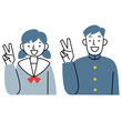 © marunouchi - Vサインをする女子学生と男子学生の上半身セット