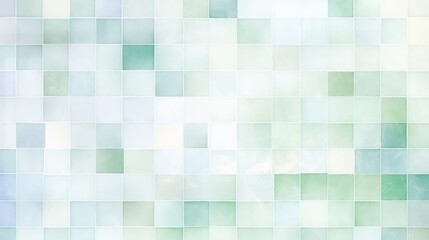 Wall Mural - A close-up view of an abstract watercolor painting, depicting a grid of square tiles in shades of blue, green, and white