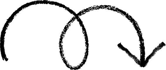 Poster - Arrow crayon hand drawn sketch. Pencil and chalk scribble. Doodle charcoal textured grunge element. Curve swirl and spiral black mark