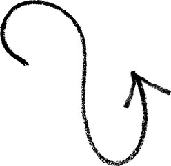 Poster - Arrow crayon hand drawn sketch. Pencil and chalk scribble. Doodle charcoal textured grunge element. Curve swirl black mark