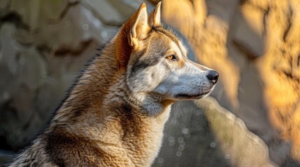 Sticker - Alaskan Husky dog in profile outdoors with sun s golden glow gazing intently at blank space against rocks