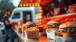 © btiger - street food festival fastfood stand burgers chicken shawarma paper take away boxes modern truck people bokeh effect hyper realistic photo cinematic lighting low angle street photography