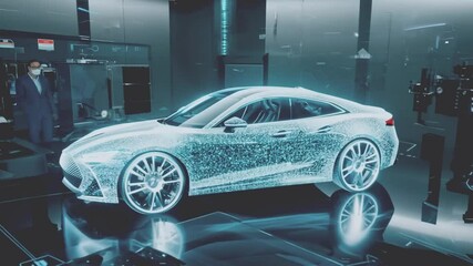 Leinwandbilder - A digital rendering of a car is shown in a showroom setting, a man stands nearby in the background.