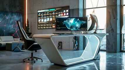Poster - A futuristic office desk with an illuminated edge and computer monitors displays a world map and a grid of data.