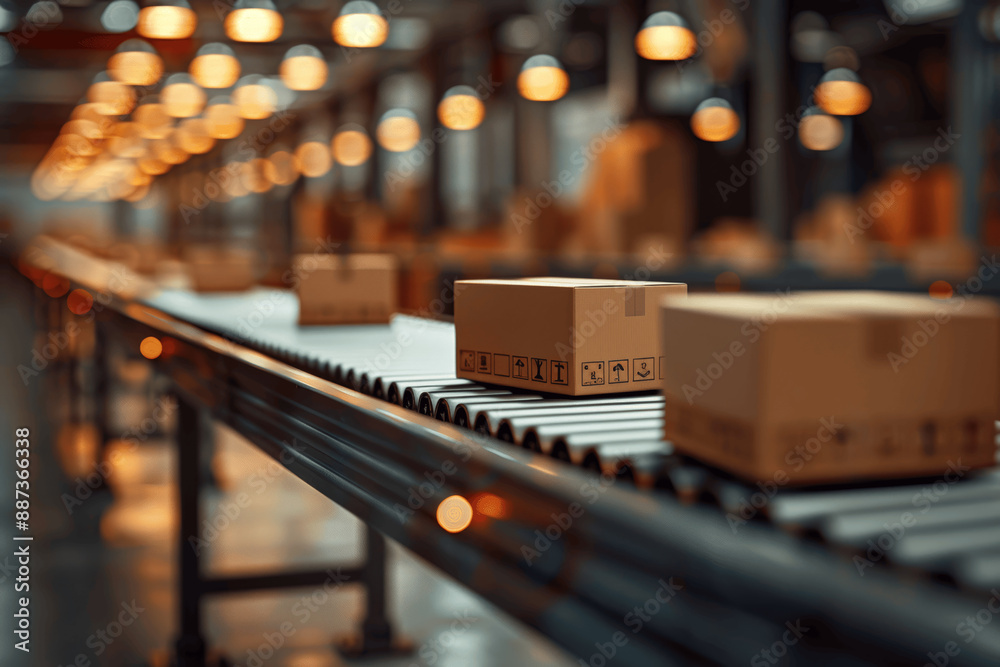 Closeup of cardboard boxes moving on a conveyor belt in a warehouse ...
