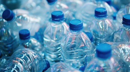 close up of many plastic water bottles with blue caps. concept of recycling, pollution, waste, and t