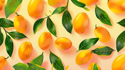  Mango fruit pattern wallpaper illustration background with green leaves