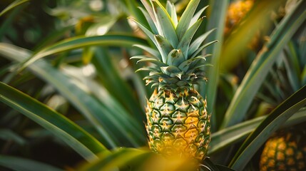 One whole organic tropical pineapple ananas plant tree fruit, raw vegan diet sweet desert food