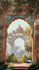 Poster - Mughal garden with arch, peacock, palace, tree illustration for wedding invitation