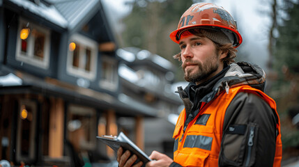 professional construction site inspector in british columbia assessing new modern home exterior