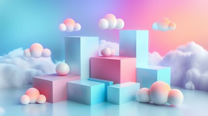 Abstract Futuristic 3D Render Minimalistic Style with Floating Geometric Shapes Isometric Design, Light Color Theme, Bright Background, and Soft Lighting