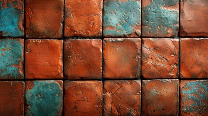 Canvas Print -  A tight shot of an orange-blue tiled wall, with rusted edges on the tile exterior