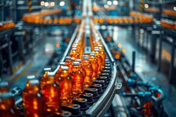 Wall Mural - Overhead shot of a bottling plant's automated line filling and capping bottles of beverages with labels passing through., cinematic, stock photo 