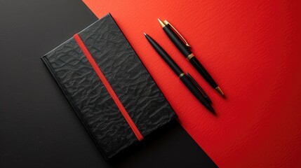 Sticker - Stylish stationery with artistic notebook cover and two pens on red and black backdrop