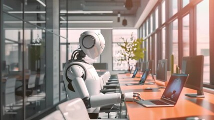 Poster - A white robot sits at a desk in a modern office setting, working on a laptop.