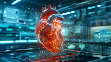 Poster - 3D-rendered model of a heart with detailed health data floating around it, displayed in a high-tech medical lab with glowing blue ambient lighting 