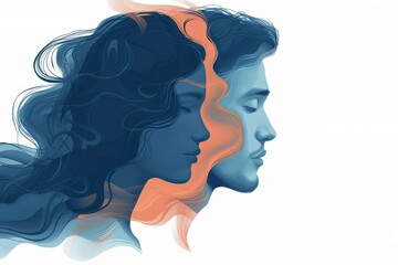 Sticker - Dual profile faces in blue gradient, blending into each other, symbolizing connection and unity, with subtle transitions and a calm, serene atmosphere in a contemporary illustration.