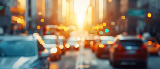 Wall Mural -  A city street teeming with heavy traffic, flanked by towering buildings Traffic lights punctuate both sides