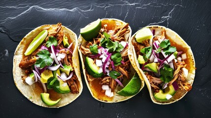 Wall Mural - Delicious Mexican Tacos with Pulled Pork, Avocado, Onion and Cilantro