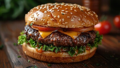 Wall Mural - Close-Up of a Juicy Cheeseburger