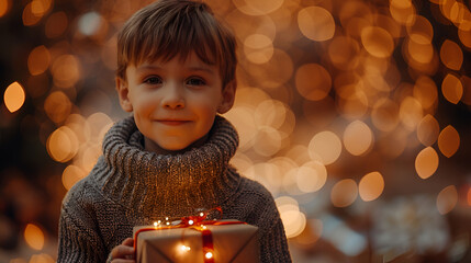 Wall Mural - Cheerful boy in grey sweater with Christmas present warm glowing backdrop Holiday gifting concept 