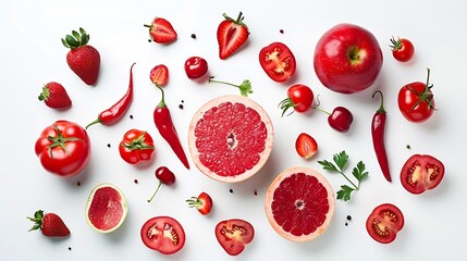 Creative layout made of red tomato bell pepper red apple strawberry cherry mangosteen beetroot watermelon grapefruit on the white background Flat lay Macro concept of red vegetables fr : Generative AI