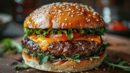 Wall Mural - Close-up of a Juicy Cheeseburger with Sesame Seed Bun