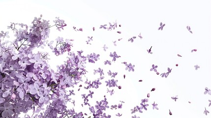 Poster - Fresh lilac blossom beautiful purple flowers falling in the air isolated on white background Zero gravity or levitation spring flowers conception high resolution image : Generative AI