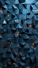 Poster - futuristic high tech 3d triangular tile pattern wall with illuminated highlights, dark background, m