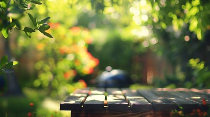 Wall Mural - summer time in backyard garden with grill BBQ wooden table blurred background : Generative AI