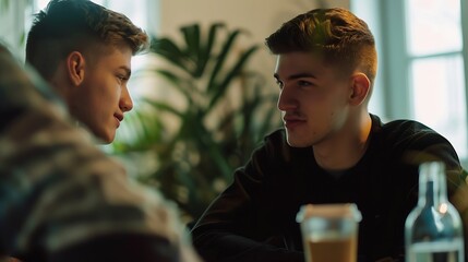 Aufkleber - cheerful young men in their 20s chatting during coffee break at the office startup success : Generative AI