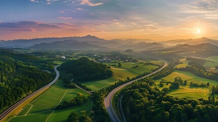Poster - Highway landscape at colorful sunset in summer Mountain road landscape at dusk Beautiful nature scenery in green mountains Travel landscape for summer vacation on highway Bavaria Germa : Generative AI