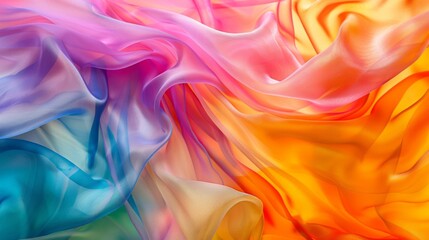 Aufkleber - A close-up of translucent silk fabric, swirling and flowing in a vibrant blend of blue, pink, and orange hues